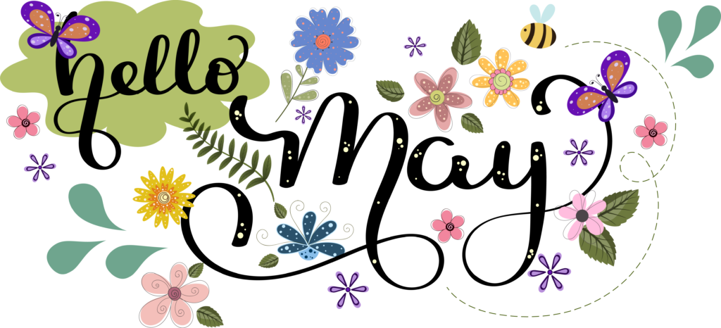 Hello May surrounded by flowers
