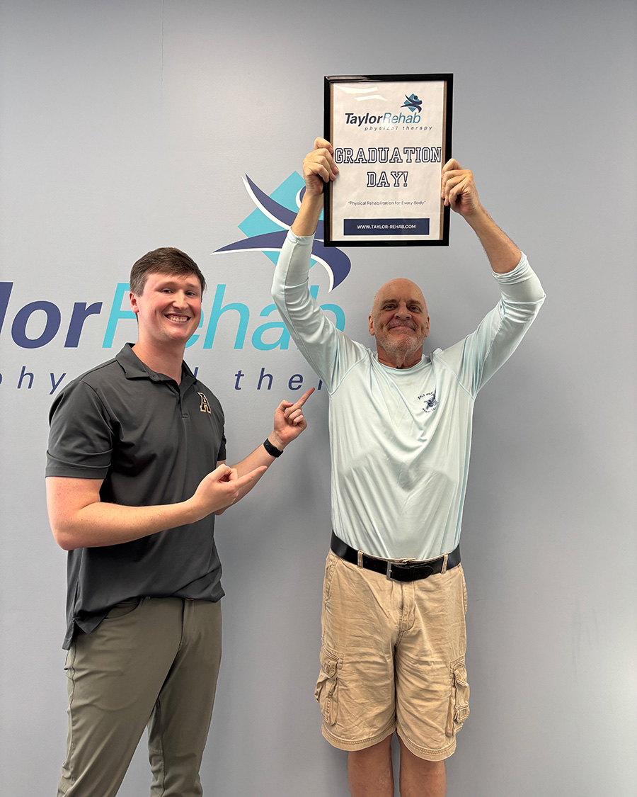 Taylor-Rehab-Patient-Success, patient celebrating after graduating from his physical therapy program